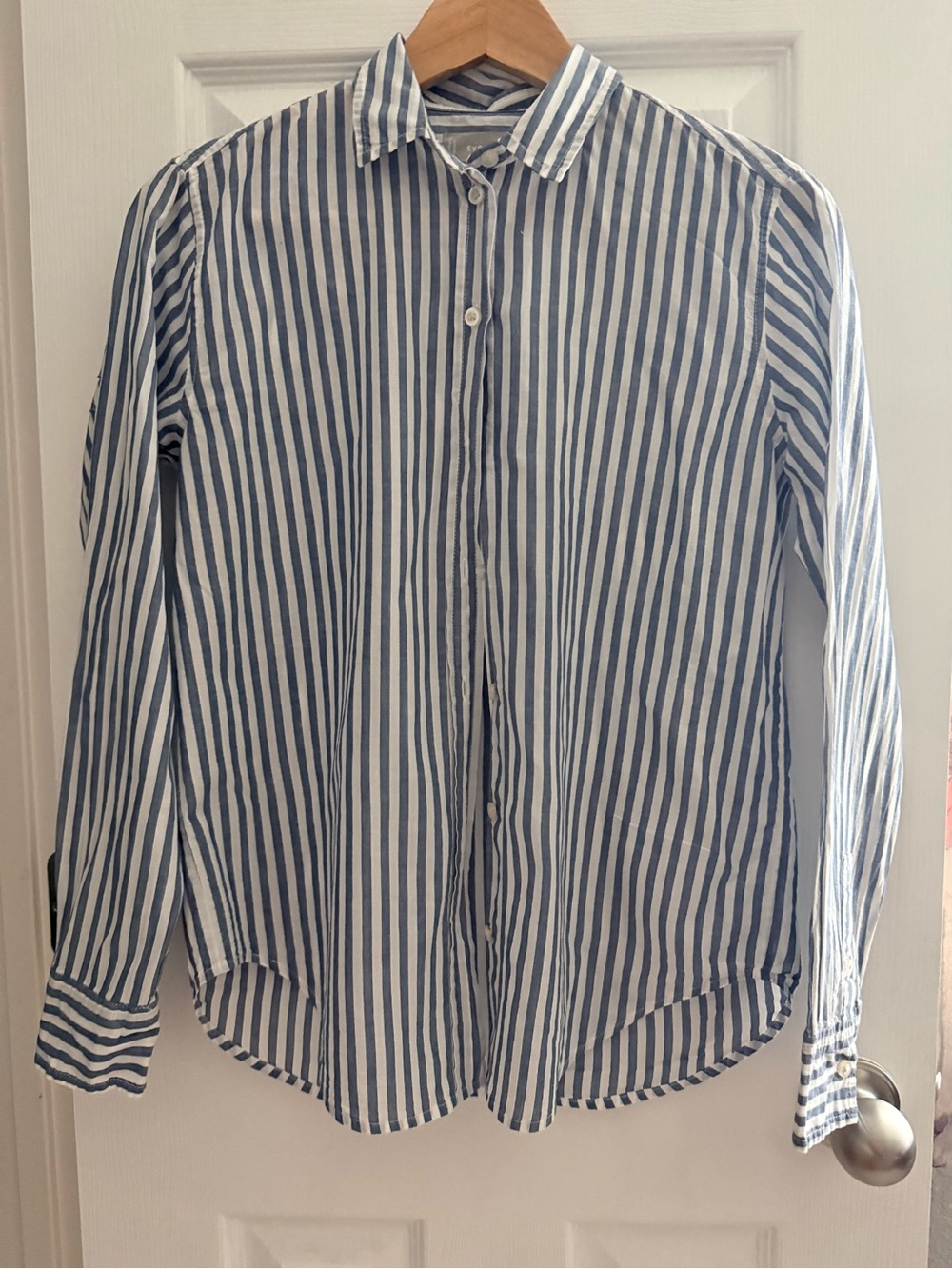 Everlane Blue and White Vertical Stripe Button-Down Shirt